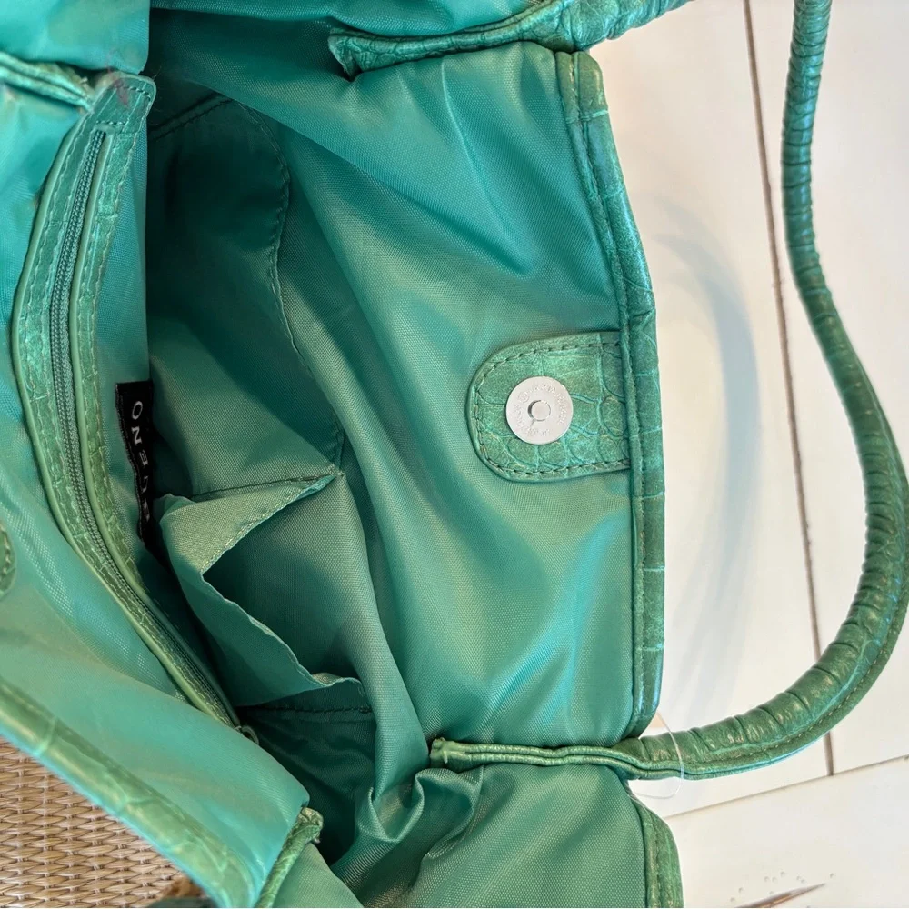 BUENO RAFFIA Woven Straw Handbag Green Faux Leather Bow and Trim NWT